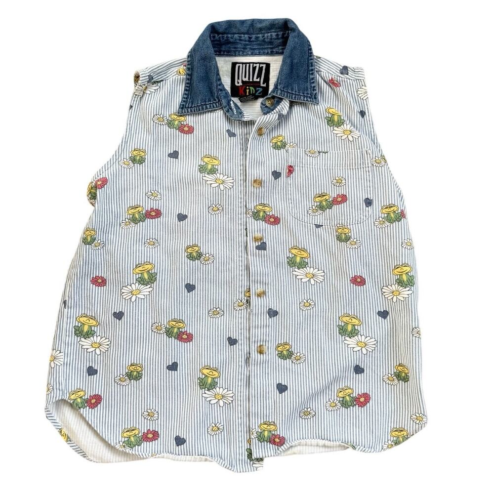 Quizz Kids Frog and Flower Striped Button Down Size L